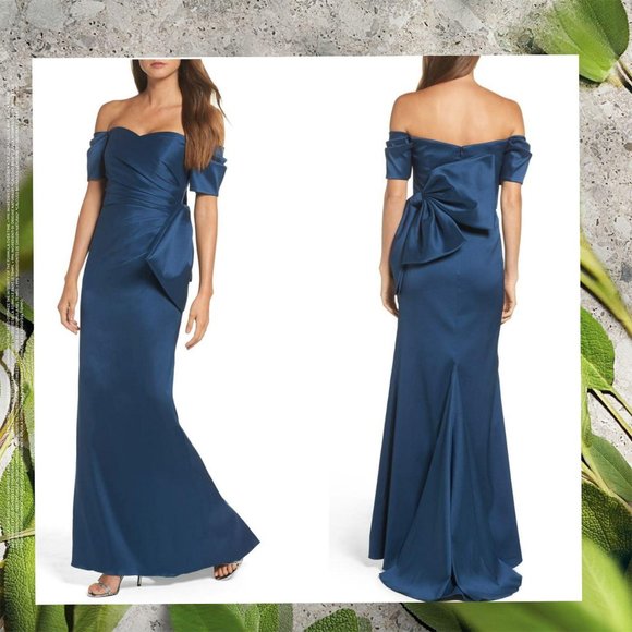 Blue Dress Satin Gown XS BADGLEY MISCHKA 2 Off Shoulder Ruched Formal NWT $895‎ - Picture 3 of 13